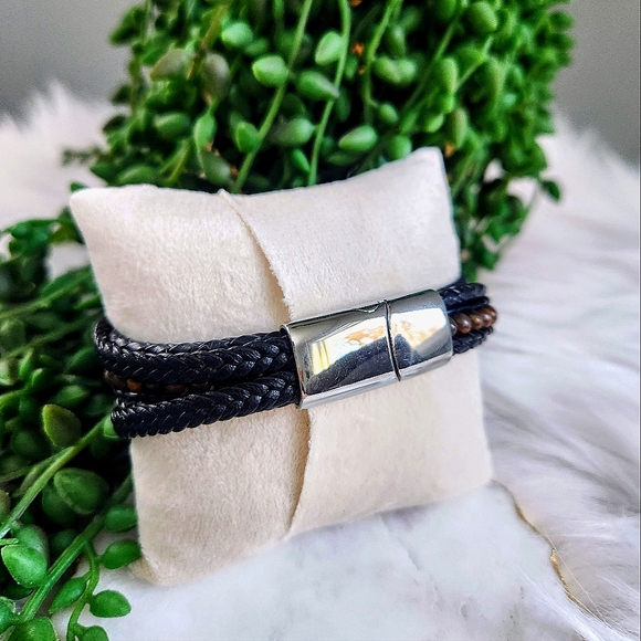 New Ryze Men's Black Vegan Leather  Tigers Eye Accent Stone Wrap Bracelet - Picture 4 of 8